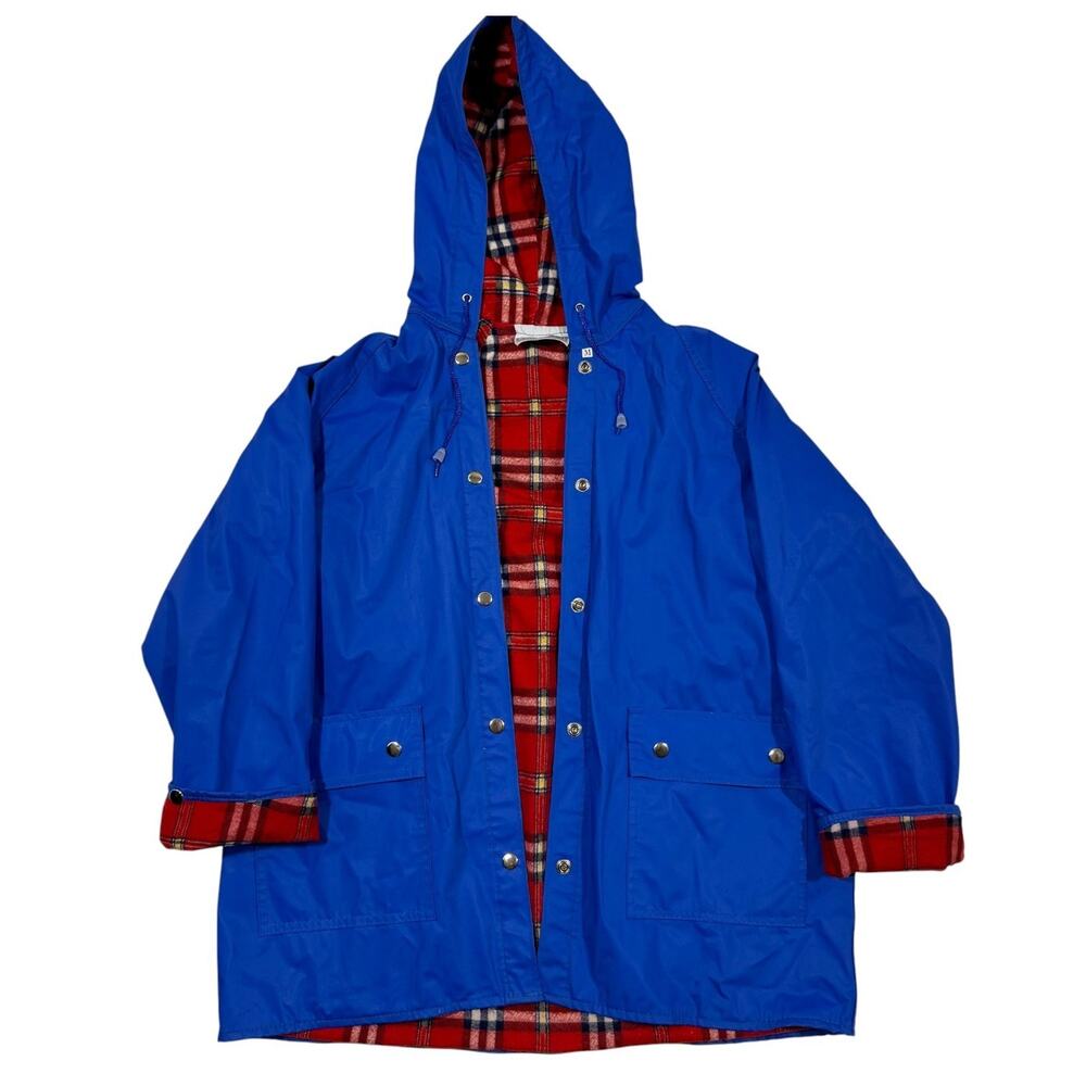 Vintage Shedrain Unisex Blue Hooded Rain Jacket Plaid Flannel Size Medium